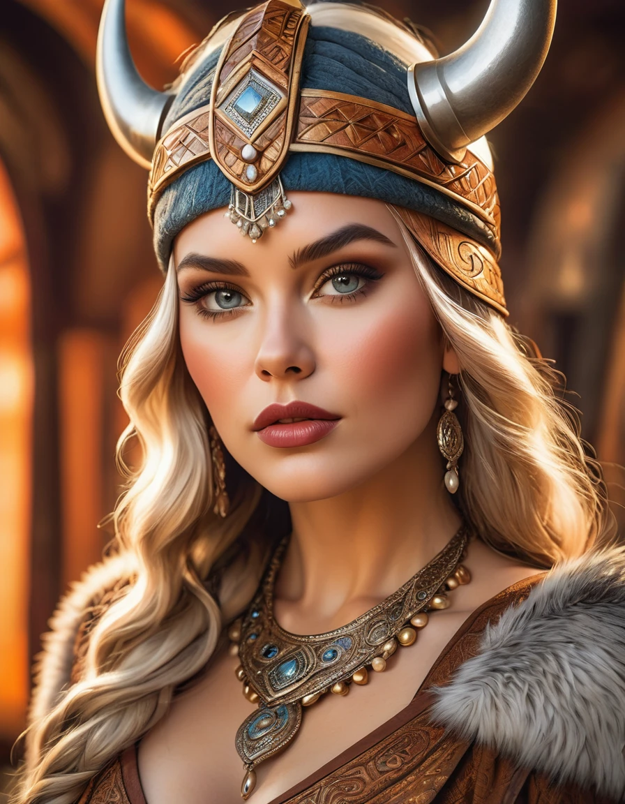 a beautiful busty viking woman, intricate art deco style portrait, highly detailed face, intense eyes, full lush lips, detailed skin texture, elegant headdress, ornate jewelry, dramatic lighting, warm color palette, oil painting, photorealistic, 8k, high quality, masterpiece