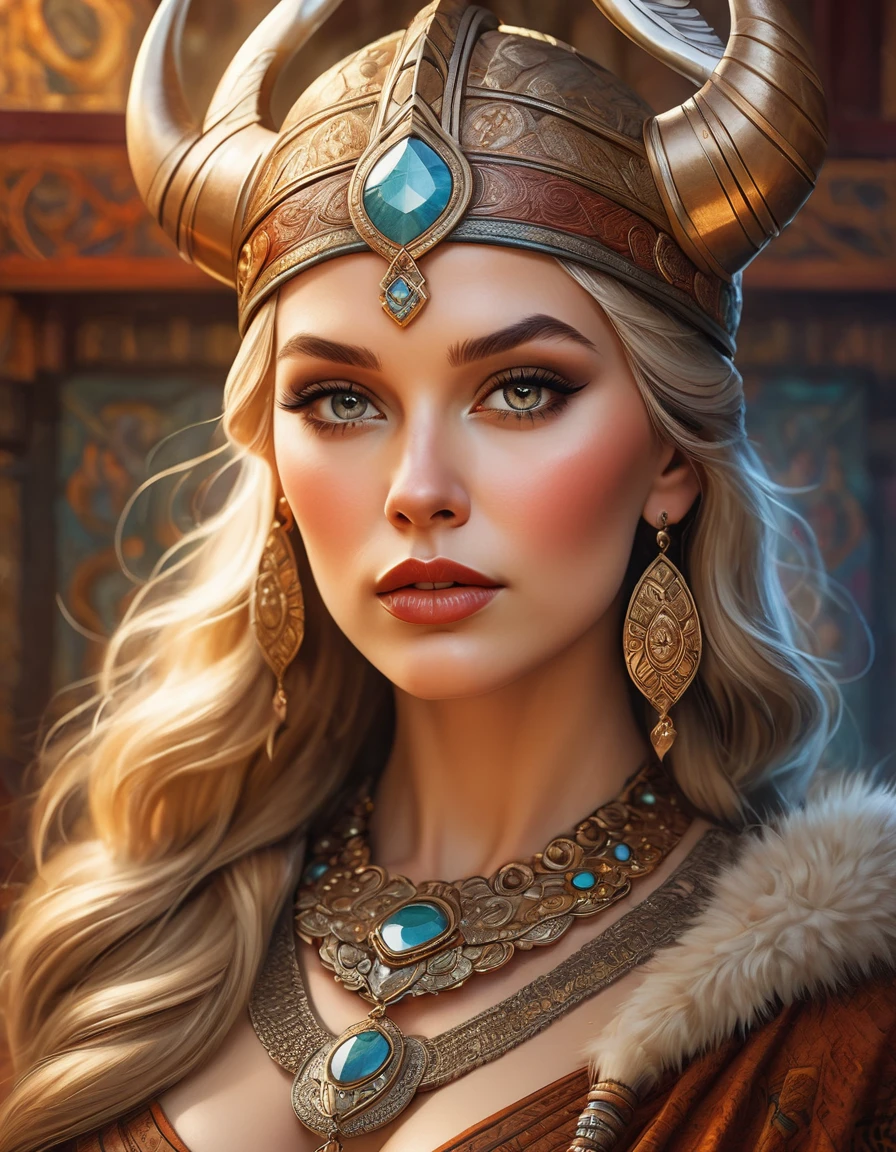 a beautiful busty viking woman, intricate art deco style portrait, highly detailed face, intense eyes, full lush lips, detailed skin texture, elegant headdress, ornate jewelry, dramatic lighting, warm color palette, oil painting, photorealistic, 8k, high quality, masterpiece