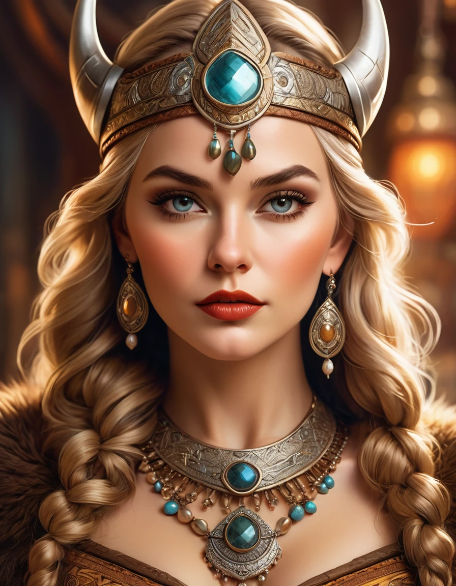 a beautiful busty viking woman, intricate art deco style portrait, highly detailed face, intense eyes, full lush lips, detailed skin texture, elegant headdress, ornate jewelry, dramatic lighting, warm color palette, oil painting, photorealistic, 8k, high quality, masterpiece