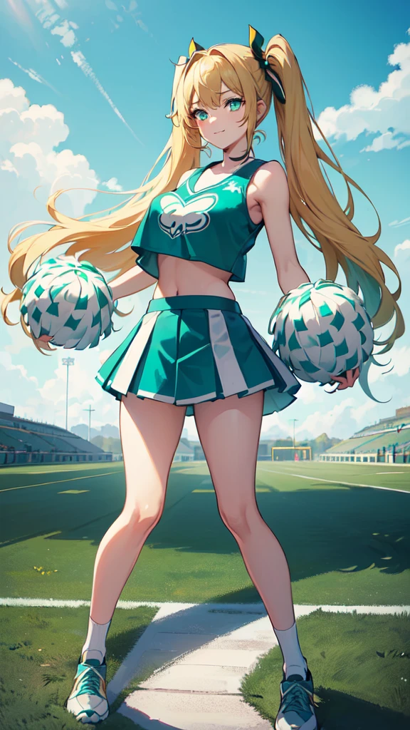 (masterpiece, top quality, best quality, official art, beautiful and aesthetic:1.2), (8k, best quality, masterpiece:1.2), (((masterpiece))), (((best quality))), (((extremely detailed))), illustration, who, (masterpiece, top quality, best quality, official art, beautiful and aesthetic:1.2), (8k, best quality, masterpiece:1.2), 1girl, crop top, cheerleader, Pom-poms in hand, (((blonde hair))), very long twin tails, medium breasts, (((turquoise eyes))), full body, wide hips, smile, skirt, (((dark green and white cheerleader outfit))), (((football field))),