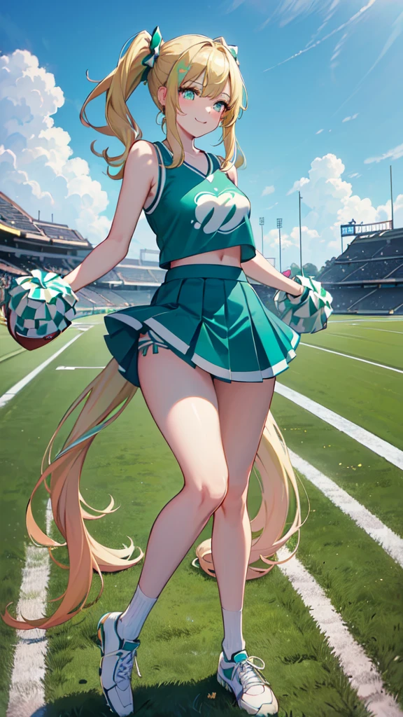 (masterpiece, top quality, best quality, official art, beautiful and aesthetic:1.2), (8k, best quality, masterpiece:1.2), (((masterpiece))), (((best quality))), (((extremely detailed))), illustration, who, (masterpiece, top quality, best quality, official art, beautiful and aesthetic:1.2), (8k, best quality, masterpiece:1.2), 1girl, crop top, cheerleader, Pom-poms in hand, (((blonde hair))), very long twin tails, medium breasts, (((turquoise eyes))), full body, wide hips, smile, skirt, (((dark green and white cheerleader outfit))), (((football field))),