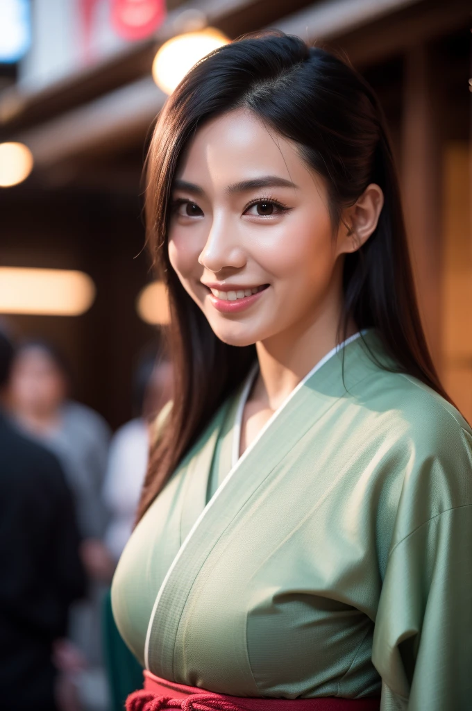 Surrealism, High detail, Cinema Lighting, Ray Tracing, viewing angle, Eye-level shot, Hyper HD, masterpiece, Textured skin, 4K, Highest quality, Beautiful woman in kimono, Background of the Danjiri Festival in Kishiwada, Osaka Prefecture, Japan、Smiling and talking to a friend、A glamorous atmosphere、