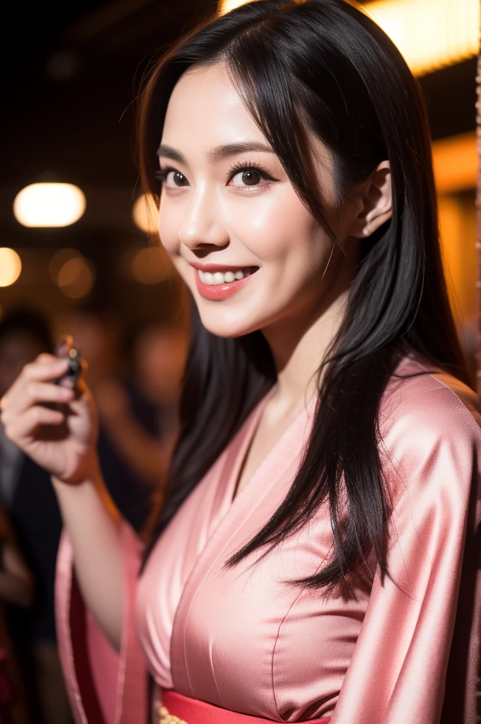Surrealism, High detail, Cinema Lighting, Ray Tracing, viewing angle, Eye-level shot, Hyper HD, masterpiece, Textured skin, 4K, Highest quality, Beautiful woman in kimono, Background of the Danjiri Festival in Kishiwada, Osaka Prefecture, Japan、Smiling and talking to a friend、A glamorous atmosphere、