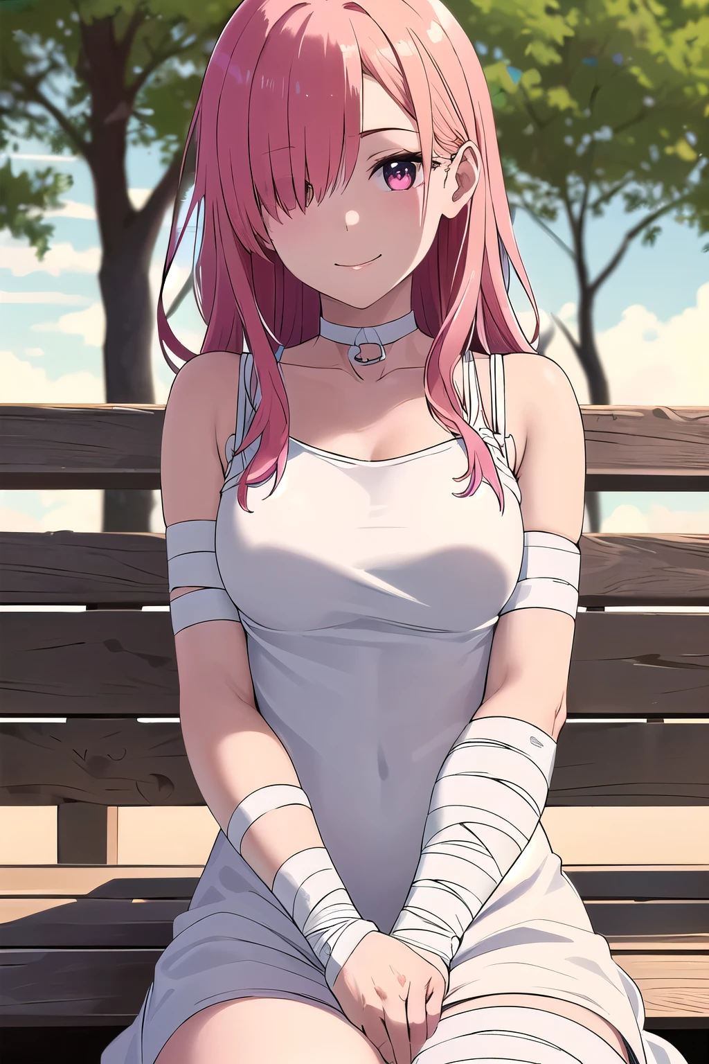 (8K, top-quality, masterpiece:1.2), (reallistic, Photorealsitic:1.37), Super Detail, One girl,), (Highly detailed), (beautifully detailed eyes), (of the highest quality), (super detailed ), (masterpiece), (Detailed face),20yr old, ,1 girl, ((pink hair,long hair)), medium breasts, clothed, Perfect Lighting, BREAK (long bandage dress:1.5), (white bandages:1.3), (beige stripes:1.2), (monochrome color palette:1.2), (red accents:1.1), (safety pins on dress:1.1), (silver choker:1.1), (white sneakers:1.1), (artistic bandage details:1.1), (high quality:1.2), BRAKE (upper body to thighs:1.1), (long pink hair, side-swept:1.2), (smile expression:1.1), (hair over one eye:1.1), (looking at viewer:1.1), (sitting on a park bench:1.2), (backlit:1.1), (soft lighting:1.1), (bandage dress:1.1), (green trees:1.1), (bright sky:1.1), BRAKE