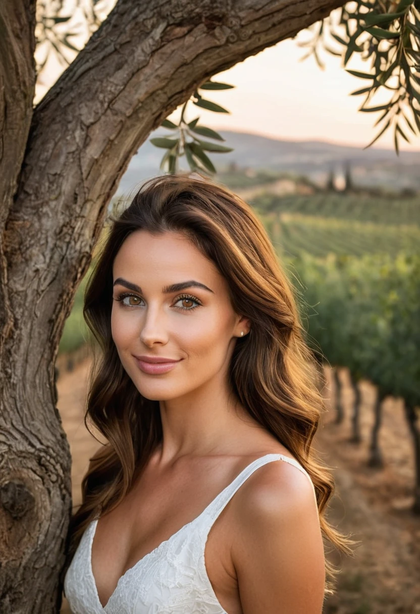 beautiful brunette, (((oval face shape with golden proportions, tall and defined cheekbones, gently angular jaw, slightly pointed chin, medium forehead with gently arched hairline))), long wavy brown hair, ((arched eyebrows with natural texture)), (((relaxed pose, leaning against an ancient olive tree, serene smile))). from front view (((in a Tuscan vineyard at dusk))). highy detailed, 20 year, ((almond brown eyes)). (((Nose with straight back, slightly rounded tip, harmonious proportion with the face, symmetrical and refined nostrils))). ((Medium, well-defined lips, soft cupid&#39;s bow, natural redness around the edges, smooth texture with visible hydration)). high resolution, work of art. Pele realista Fitzpatrick V, visible pores on cheeks, subtle periorbital melanose. ((Wearing a light white linen dress)). excellent quality, extremely detaild, sharp focus, ((Leica M10 shooting, 50mm f/1.4 Summilux)), Kodak Portra 400 color vision. Proportionate Body, fotorrealism, fot (film grain) medium shot for filming (((golden sunset light filtering through the vineyards))) Em primeiro plano