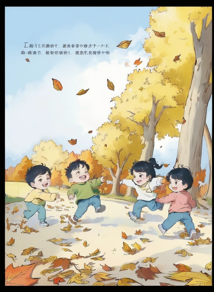 there are three children playing in the park in the fall, Wind blowing leaves, in autumn, children illustration, color page, children\Painting and calligraphy, The wind blows the fallen leaves, childrenbook illustration, in autumn, children book illustration, Children's Book Illustrations, children's illustration, children, Autumn leaves falling, colorful Children's Book Illustrations, , author:Yi Yinwen