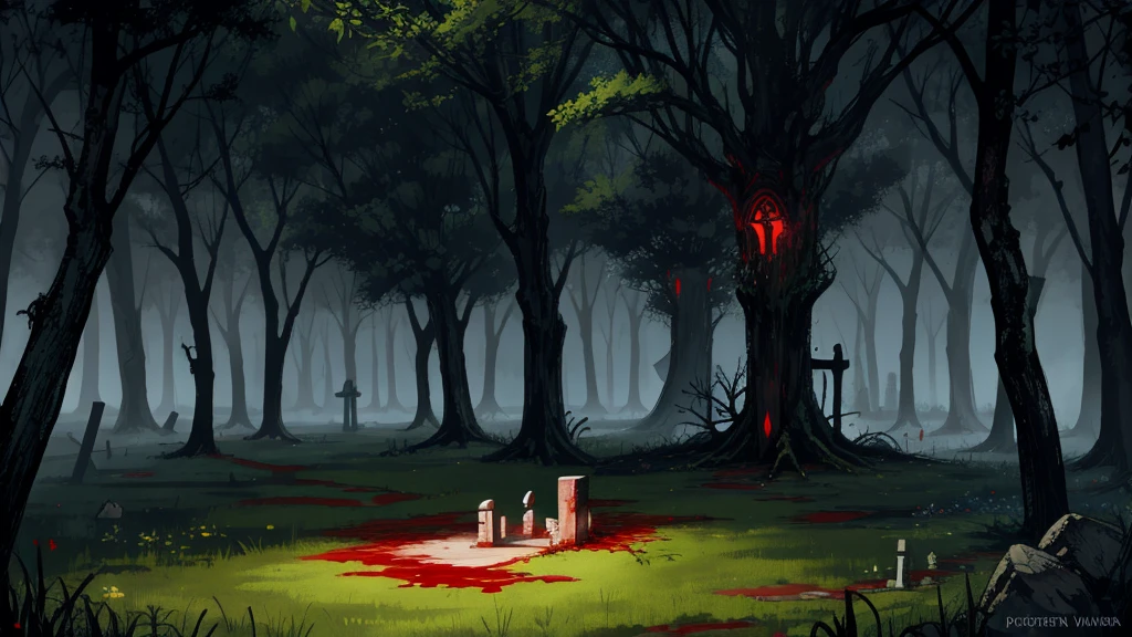 garden of tombs, blood falling from the moon, cursed forest, (high resolution, high detail, best quality)