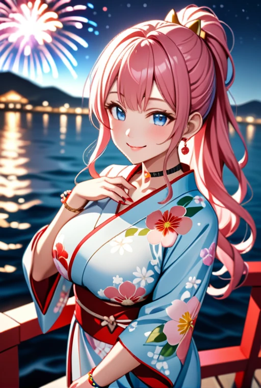 Very detailed, ((One personの女の子)), Super detailed, Absurd, 8k, Beautiful Face, (Laugh shyly), ((Teasing Smile:1.8)), ((Wink:1.8)), (Laugh with your mouth wide open),(Tilt your head:1.3),(Please put your hand over your mouth:1.8), View your audience, ((Bright red cheeks:1.6)),Glossy Red Lips, ((Big Breasts:1.5)), (valley),night, You can see the horizon of the sea,On Bridge, firework, (Brighten face), ((Anime style background)),masterpiece, Highest quality, so beautiful,up to date, Complex details, (nail art), (ring),(bracelet), (Floral Choker),AI-generated, Complex,High resolution, Highest quality, super high quality,3D Images、3D Images,One person,Long Hair,(High Ponytail), (Wavy Hair:1.3), Pastel colored anime woman posing for a photo, ((fine grain、blue eyes、Glowing Eyes:1.4)), (Squint your eyes:1.1),a hyperRealistic , hyperRealistic , Realistic,Anime woman with long pastel pink hair, Smooth anime CG art, A girl wearing a gorgeous kimono in pastel colors, ((Pastel-colored furisode)),(Pink large floral pattern) ,Long flower hair ornament,Floral Earrings,Mature Body, expensive,Abdominal muscles,Tight waist, ((Preface to Study+Looking down+From above:1.7))