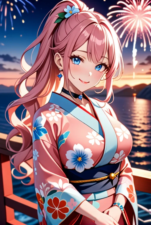 Very detailed, ((One personの女の子)), Super detailed, Absurd, 8k, Beautiful Face, (Laugh shyly), ((Teasing Smile:1.8)), ((Wink:1.8)), (Laugh with your mouth wide open),(Tilt your head:1.3),(Please put your hand over your mouth:1.8), View your audience, ((Bright red cheeks:1.6)),Glossy Red Lips, ((Big Breasts:1.5)), (valley),night, You can see the horizon of the sea,On Bridge, firework, (Brighten face), ((Anime style background)),masterpiece, Highest quality, so beautiful,up to date, Complex details, (nail art), (ring),(bracelet), (Floral Choker),AI-generated, Complex,High resolution, Highest quality, super high quality,3D Images、3D Images,One person,Long Hair,(High Ponytail), (Wavy Hair:1.3), Pastel colored anime woman posing for a photo, ((fine grain、blue eyes、Glowing Eyes:1.4)), (Squint your eyes:1.1),a hyperRealistic , hyperRealistic , Realistic,Anime woman with long pastel pink hair, Smooth anime CG art, A girl wearing a gorgeous kimono in pastel colors, ((Pastel-colored furisode)),(Pink large floral pattern) ,Long flower hair ornament,Floral Earrings,Mature Body, expensive,Abdominal muscles,Tight waist, ((Preface to Study+Looking down+From above:1.7))