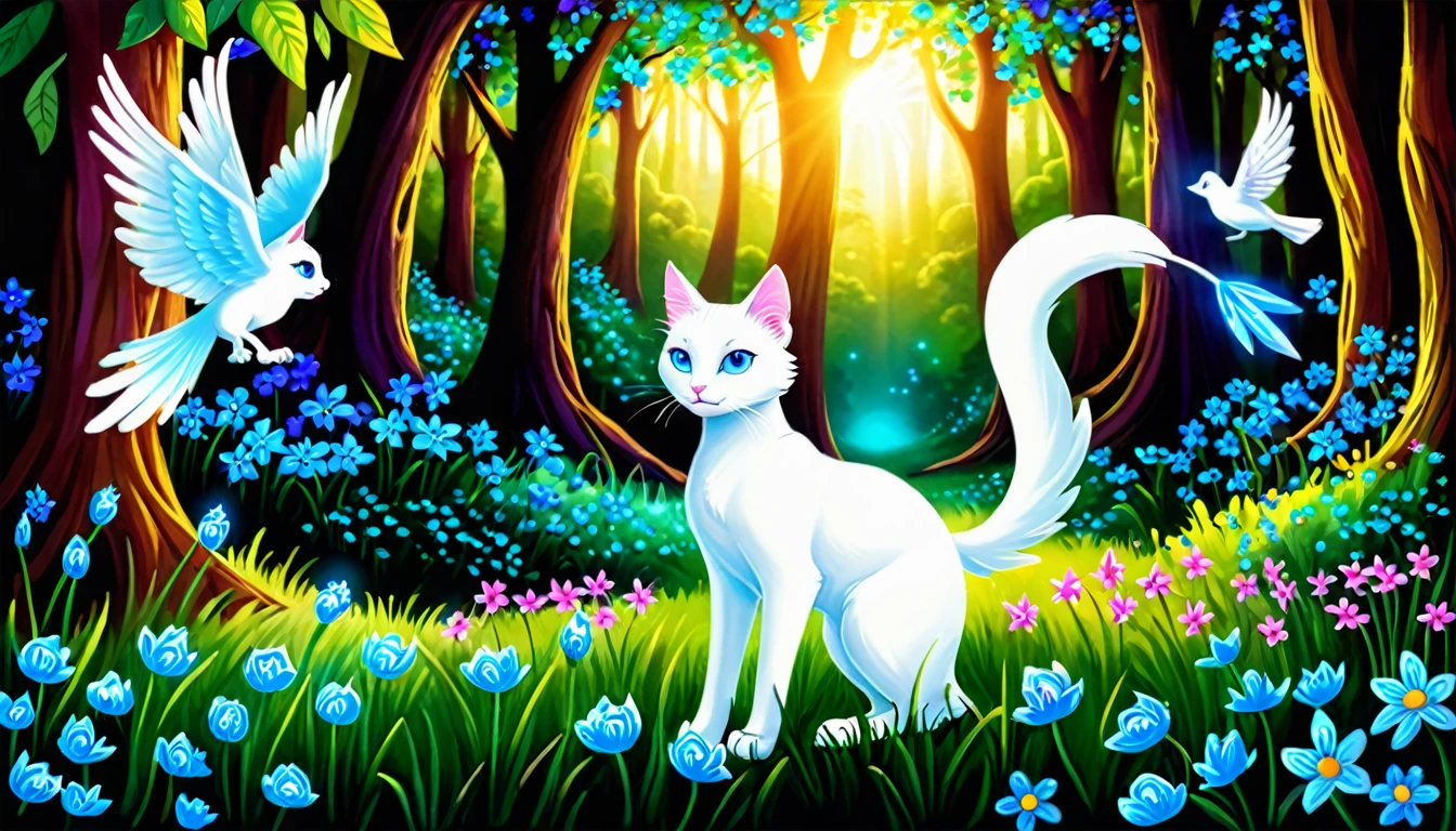 Milk, the white cat with blue eyes, meeting a magical, glowing bird in a mystical forest clearing. The bird is radiant with vibrant colors and emits a soft light. The clearing is surrounded by lush greenery and sparkling flowers. The scene is enchanting and magical, with bright, mystical colors highlighting the magical encounter.