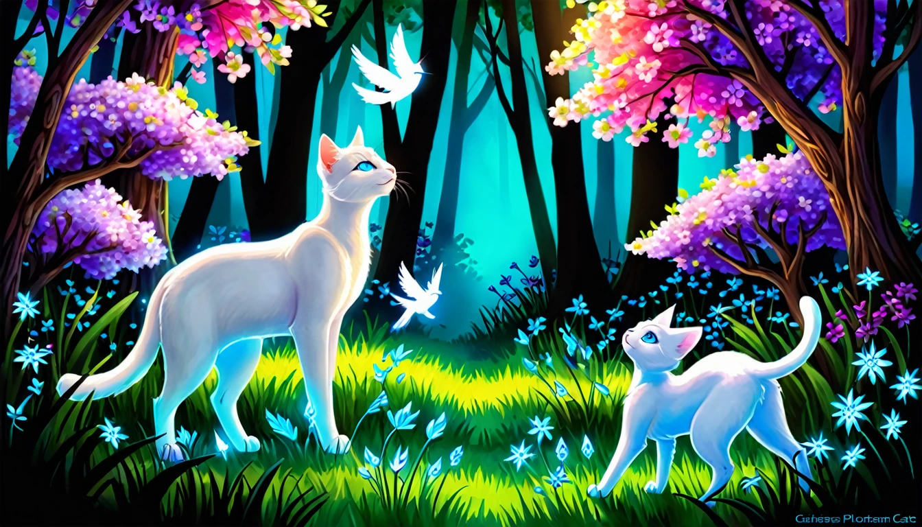 Milk, the white cat with blue eyes, meeting a magical, glowing bird in a mystical forest clearing. The bird is radiant with vibrant colors and emits a soft light. The clearing is surrounded by lush greenery and sparkling flowers. The scene is enchanting and magical, with bright, mystical colors highlighting the magical encounter.