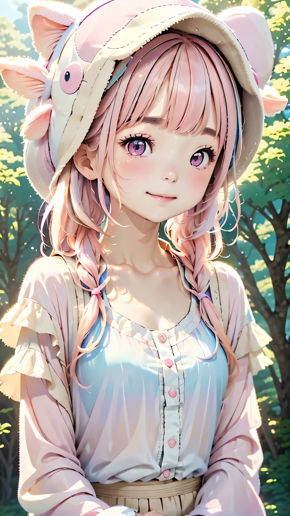 One Girl、１２talent、Magical girl、anatomy、French Braid、Anime Style、(((Fish hat))),(((Pink Hair))),(((Bangs up to eyebrows))),(((Bangs without gaps))),(((Align your bangs))),(((Pink eyes))),Small breasts、smile,Cute Face、Cute clothes、Combat Uniform、、(((The background is pastel colored clouds:1.5、rainbow、Blurred Background)))、Highest quality、High resolution、High resolution、Cinema Lighting、Professional Photographer