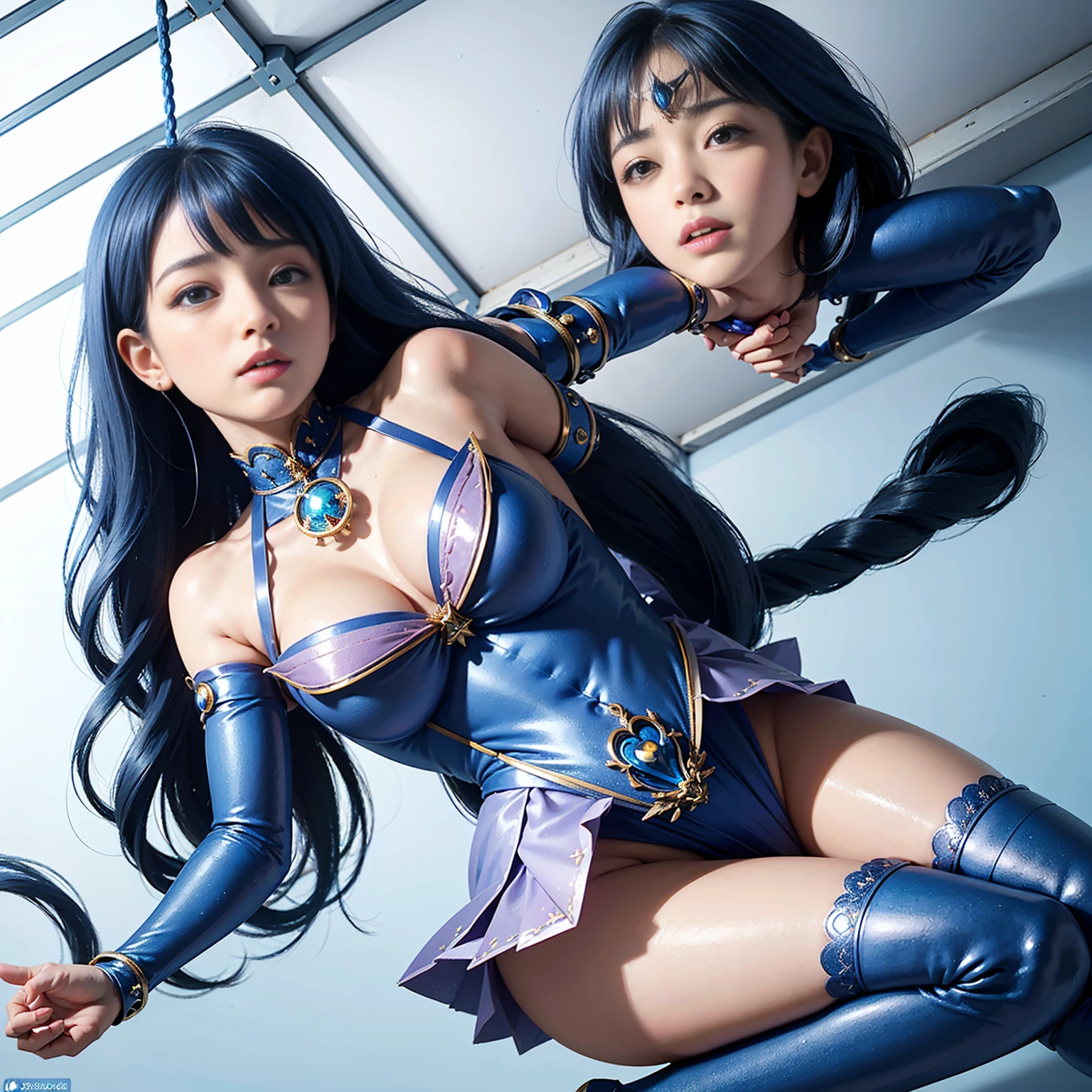 Highest quality，masterpiece，Ultra-high resolution, Very detailed, 8k，*********** beautiful Japanese woman:1.5, Small face, Black Hair, blunt bangs, Breast Augmentation Surgery, (Detailed blue magical girl heroine outfit:1.5), ((Woman suspended from ceiling)), ((Prone position)), ((Floating in the air)), ((Tied up and restrained with rope)), ((Legs hanging high from the ceiling)), (Behind your back), (Angle from below:1.3), ((whole body:1.4))