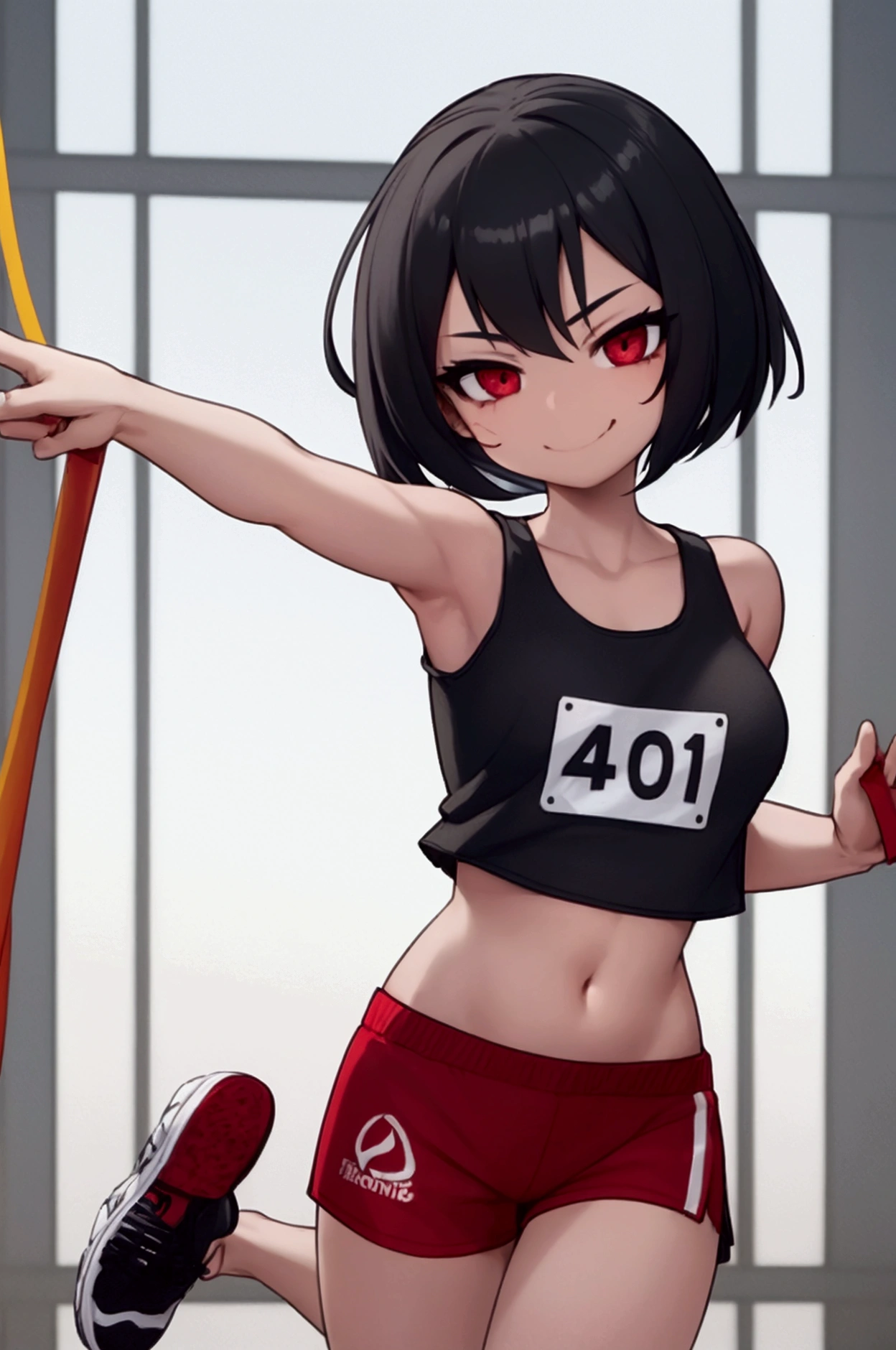 Girl, black hair, bob, red eyes, marathon runner, black tank top with red lines, black shorts with red lines, marathon shoes , white race bib, close eyes, smile, mouth open, rising both hands, running, goal in