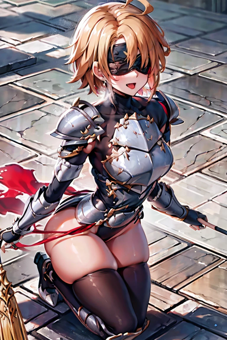 jewelry, bodysuit, fingerless gloves, knight, highleg, (((skin tight))), vambraces, arm guards,faulds,greaves, 1girl,solo,　gauntlets, armored boots, plate, pauldrons, shoulder armor, big armors, thighhighs, dare thighs, short hair, pink hair, (((blindf), adult, adult face, fearless face, curvy, perfect proportion, perfect anatomy, perfect body, armored dress knight, plate armor knight, silver knight armor, ahoge, center loincloth, skirt, black legwear, black clothes, black wear, covered arms, masterpiece, masterwork, best quality, super fine illustration, beautiful, ultra detailed beautiful face, cg unity 8k wallpaper, ultra detailed, ultra high res, round face, smile, leotard, absurdres, exquisite, by famous artist, voluptuous, official art, (((upper body shot))), (((open mouth, long tongue, stick out tongue, tongue out))), sexual ecstile, smadly, full face blush, fucked silly, vulgarity,, seductive smile, dimpled smile, evil smile, rape face, fair skin, gleamingn, oil skin, shiny skin, sweat, kneeling, looking at viewer, front view, 
