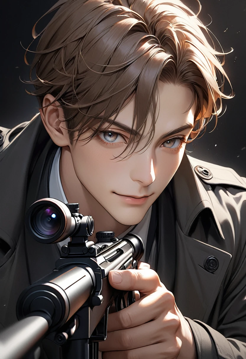 ( perfect  )Anime charming beautiful girl dynamic sniper, A brown-haired woman wearing a black trench coat is a sniper aiming a gun at her prey. ( perfect  ) Dynamic pose detailed face. realistic eyes. The face and eyes are very detailed. delicate skin.、delicate skin texture smile,

                   Black trench coat dark shadow background, Black Soft Light, Professional photography master&#39;artwork, texture, complicated, Clear, High-quality masterpieces，

                        Extremely complicated and exquisitely detailed, Super detailed, Super detailed digital art 

