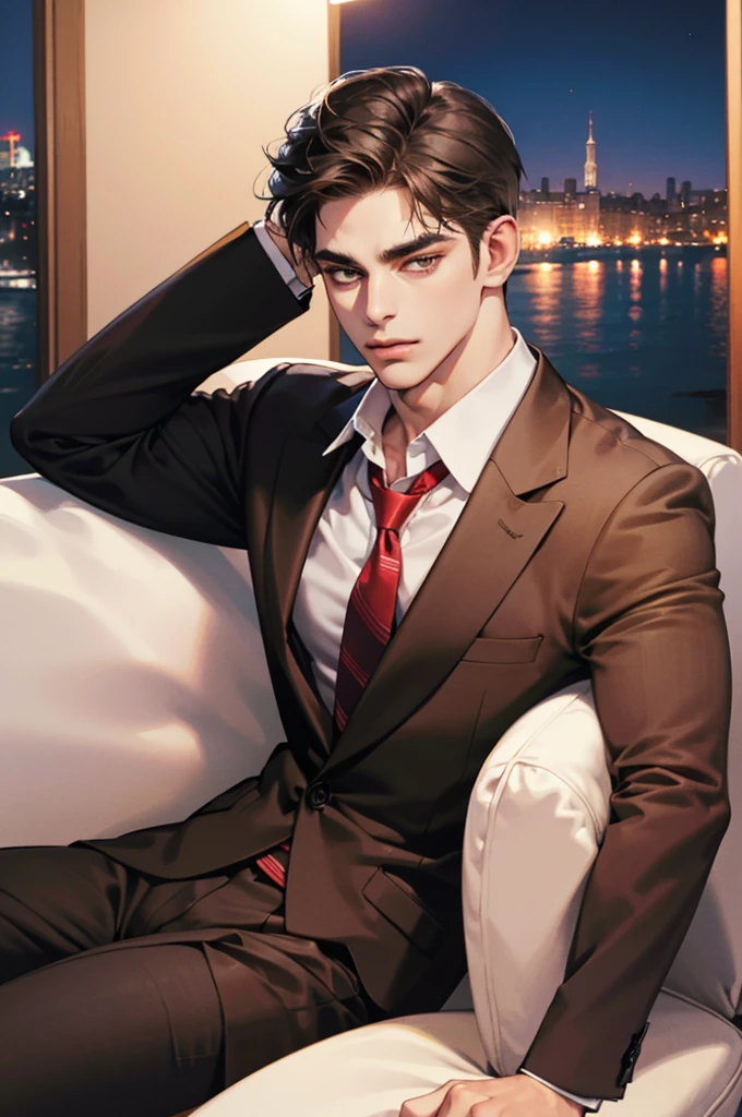 (absurdres, highres, ultra detailed, realistic, ), 1 male, solo, adult, mature, tall muscular guy, ,(sitting on a sofa,cross-legged), broad shoulders, handsome, very short hair, black hair, brown eyes, angular jaw, thick neck, thick eyebrows, night, dark, the night view of the city background, formal suit, necktie, upper body