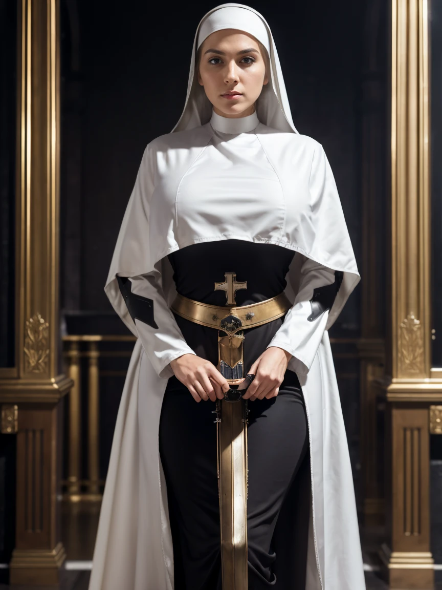 (masterpiece, top quality, best quality, official art, beautiful and aesthetic:1.2), (1girl:1.3), ((Sharp facial features, sharp features, hawkish features)), ((grey eyes)), busty paladin knight girl, extremely detailed, portrait, looking at viewer, solo, (full body:0.6), detailed background, full-body shot, (cold mountain nighttime glacier theme:1.1), holy knight, (nun), charlatan, smirk, mysterious, swaying in mountains, armor, polished metal, gold trim, long boots, white fabric, pelvic curtain, robe, pale leather, ((((nun, crossbow, heavy armor, armored, long legs, robes, prayer scrolls, toned, muscular)))), slim waist, slim hips, long legs, medieval (mountain exterior:1.1) background, dark mysterious lighting, shadows, magical atmosphere, dutch angle