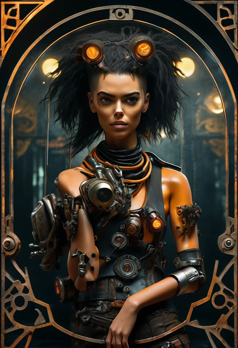 (((mulher))), (((melhor qualidade))), (((obra prima))), (((adulto))), A highly detailed and realistic skull girl,( Anya. Taylor Joy) cyberpunk character, mad max furiosa, one hand robot, cyborg arm, orange hair, dramatic metal heavy rock theme, best quality, 8k, hyperrealistic, photorealistic, extreme detailed painting, studio lighting, vivid colors, dark moody atmosphere, cinematic, dramatic pose, intricate mechanical details, glowing energy effects, intense gritty textures, seamless integration of organic and inorganic elements. Wearing the used clothes of a wastelander. Background: An apocalyptic wasteland. Dusty and depressing.