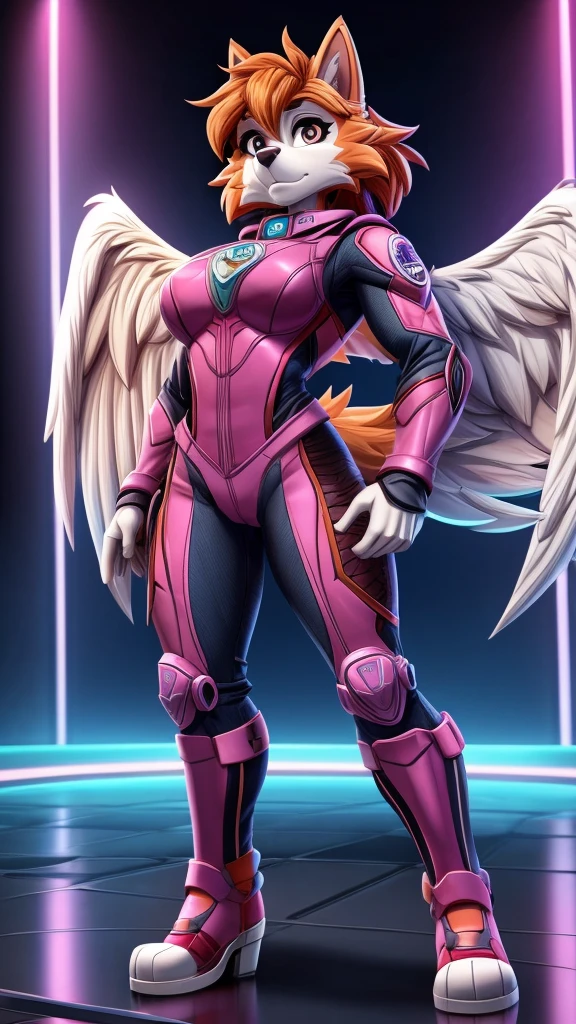 Skye from Paw Patrol, as a female lycanthrope, anthro, muscular, tomboy, tall, massive female, long fluffy messy orange hair, magenta iris, angel combat suit, standing, serious, solo, beautiful, high quality, manhwa style, 4K