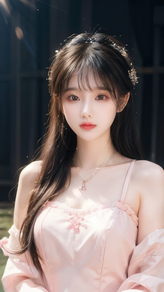 best quality, masterpiece, high resolution, 1 Girl, cheongsam, Hair accessories, necklace, jewelry, Pretty Face, Above_Body, Tyndall effect, Reality, Dark Studio, Edge lighting, Two-tone lighting, (Highly detailed skin:1.2), 8K Ultra HD, DSLR camera, soft light, high quality, Volumetric Lighting, frank, photo, high resolution, 4K, 8k, Bokeh, Medium breasts,