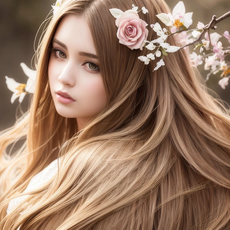 a beautiful anime girl with long flowing hair, intricately detailed face and features, large expressive eyes, delicate nose and lips, wearing an elegant, ornate dress, surrounded by beautiful flowers in her hair, serene and enchanting expression, highly detailed digital art, guweiz style, artstation, pixiv, 4k, masterpiece, best quality, photorealistic, ultra-detailed, vibrant colors, soft lighting, atmospheric, magical, whimsical