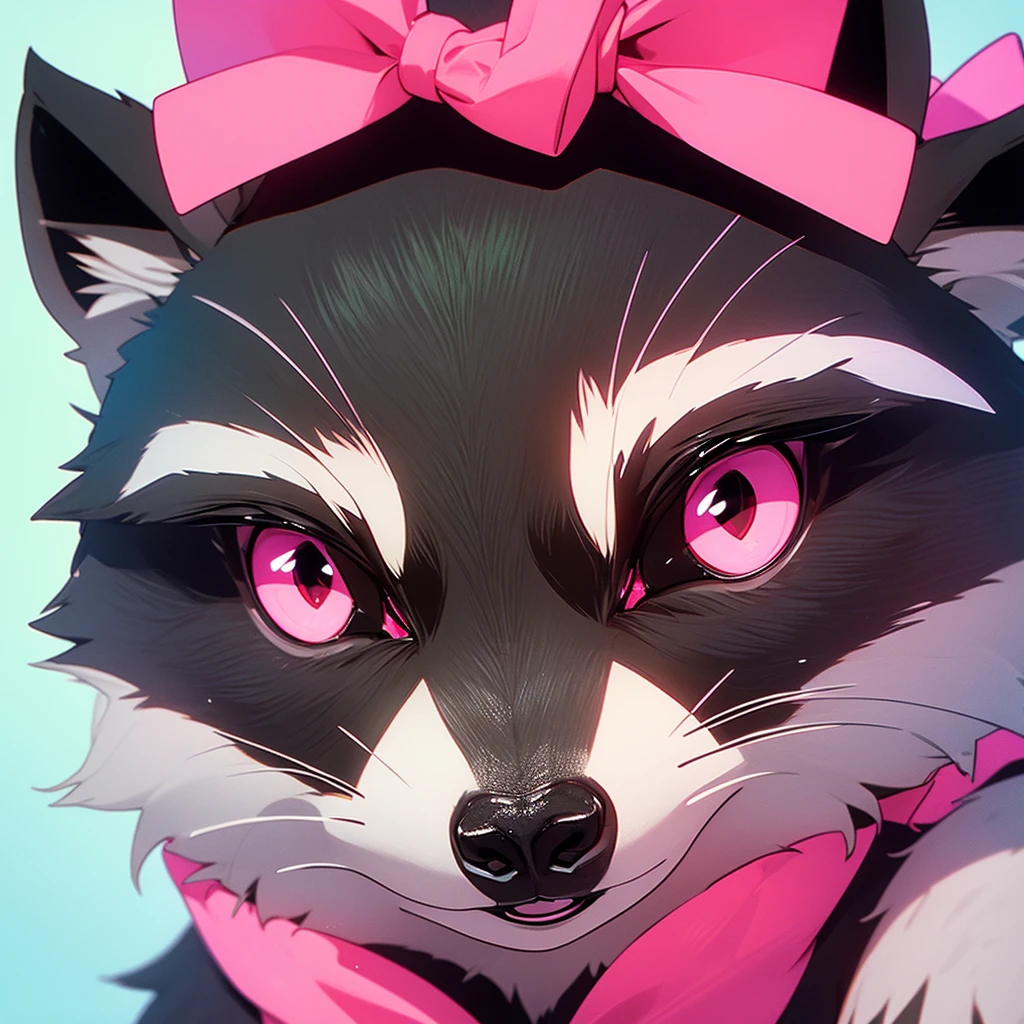 Make a raccoon with pink eyes on the left and green eyes on the right and a pink bow. 