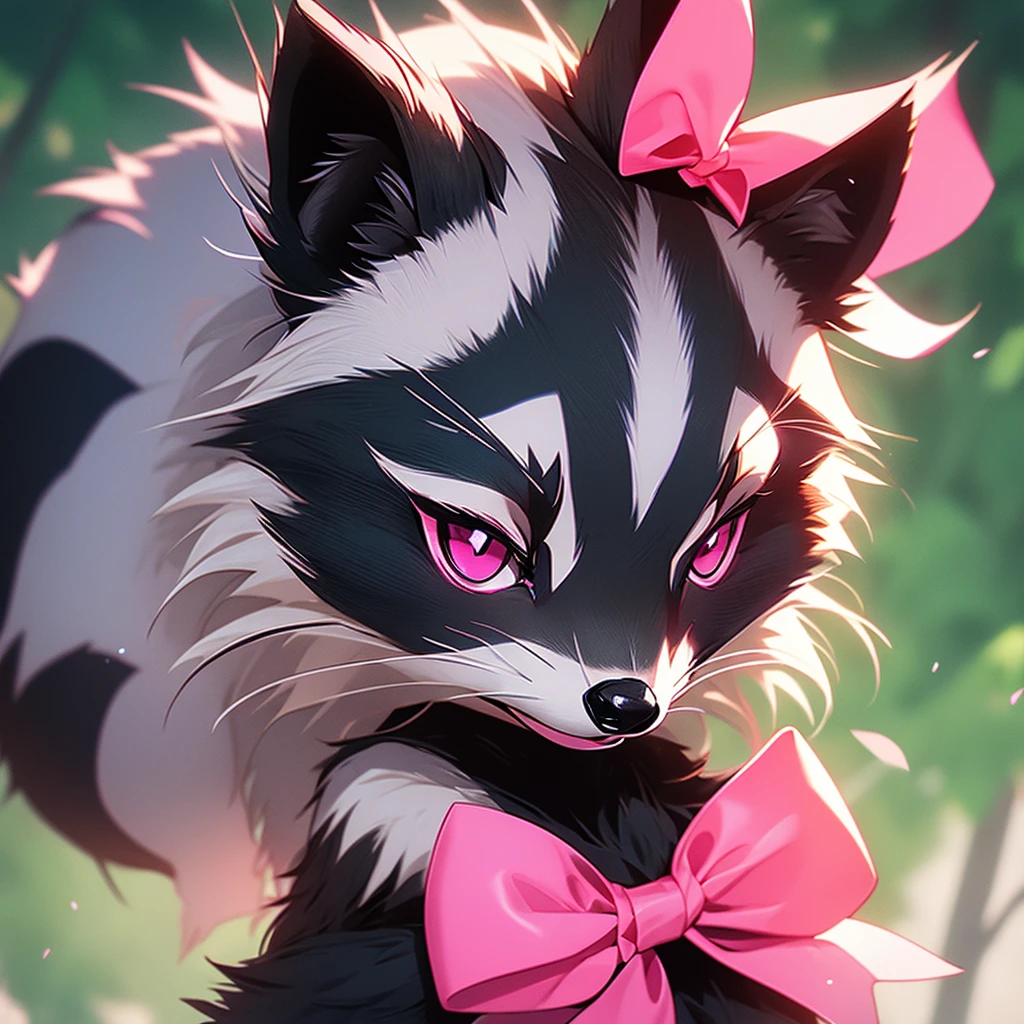 Make a raccoon with pink eyes on the left and green eyes on the right and a pink bow. 