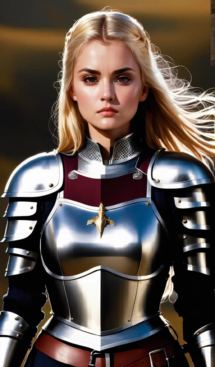 Woman knight, silver armor, beautiful face, portrait character photo, determined facial expression, stern strong woman, (blonde)