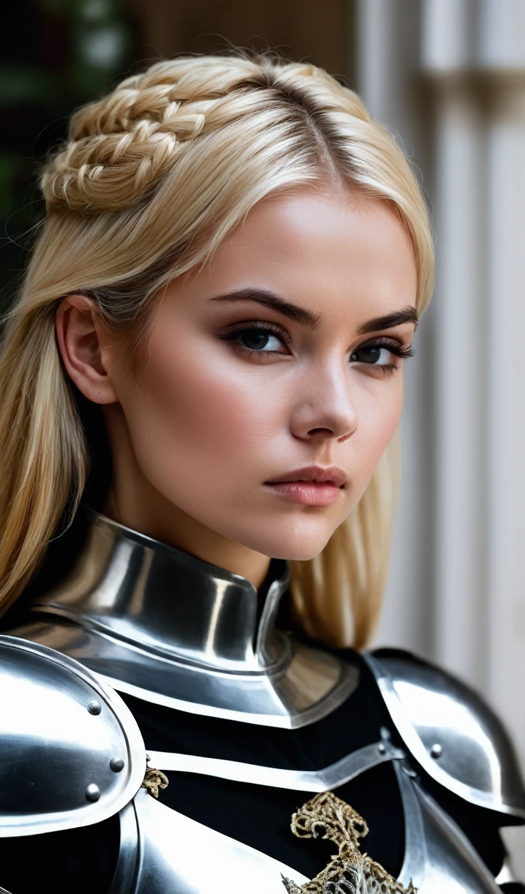 Woman knight, silver armor, beautiful face, portrait character photo, determined facial expression, stern strong woman, (blonde)