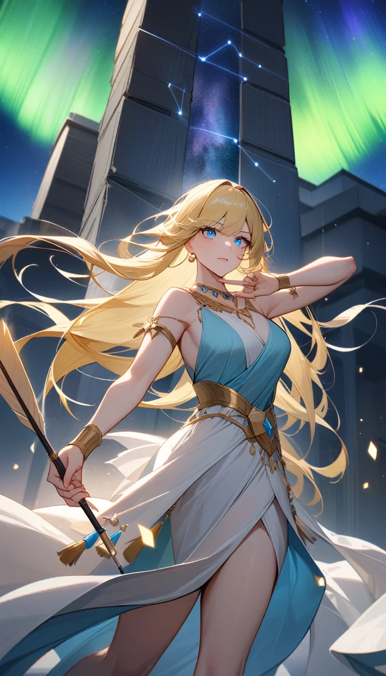 （Huang Li、high quality、Extremely detailed），Constellation-Sagittarius Goddess，Huge bow，Woman shooting arrows，Similar to Latin goodness，brave，capricious，Productivity，The face of enterprising and humanitarianism，Long yellow hair，Ancient Greek costumes、Wrap Dress，Conservative clothing，The background is the aurora，Crystal blue eyes（Eyes Details），Powerful appearance, Correct anatomy