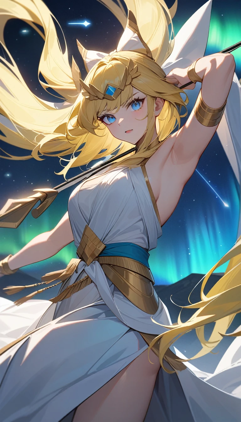 （Huang Li、high quality、Extremely detailed），Constellation-Sagittarius Goddess，Huge bow，Woman shooting arrows，Similar to Latin goodness，brave，capricious，Productivity，The face of enterprising and humanitarianism，Long yellow hair，Ancient Greek costumes、Wrap Dress，Conservative clothing，The background is the aurora，Crystal blue eyes（Eyes Details），Powerful appearance, Correct anatomy