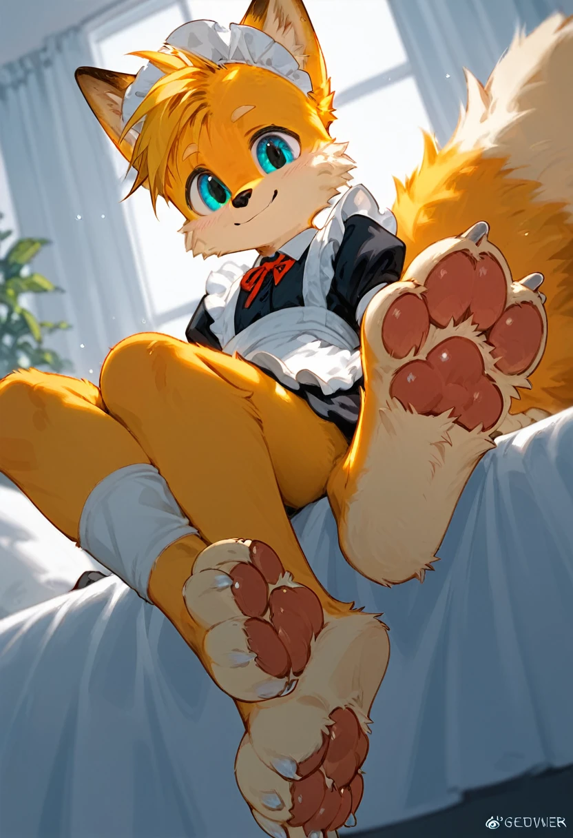 Solo, score_9,score_8_up score_7_up, anthro, Tails Miles Prower, yellow fox, male, maid dress, maid clothes, smiling, looking at viewer, sitting, on a bed, low angle shot, close up, four toes, 4 toes, feet, paws, focus on feet, pawpads, pawpad, cute paws, furry paws, (sfw:1.2), cute, (barefoot:1.2), pink pawpads