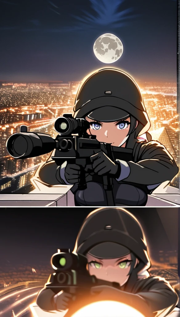 Highest quality, Highest quality, 16K, Unbelievably absurd, Very detailed, delicate and dynamic, Natural light, The particles reflect light, Diffuse reflection of light, Vortex of Light, dark outfield, roof top of building, moon night, illumination, Create amazing image effects, Upper body close-up, (sole sexy girl, Firm bust, , powerful, A professional sniper,, aiming a target, swat uniform,)