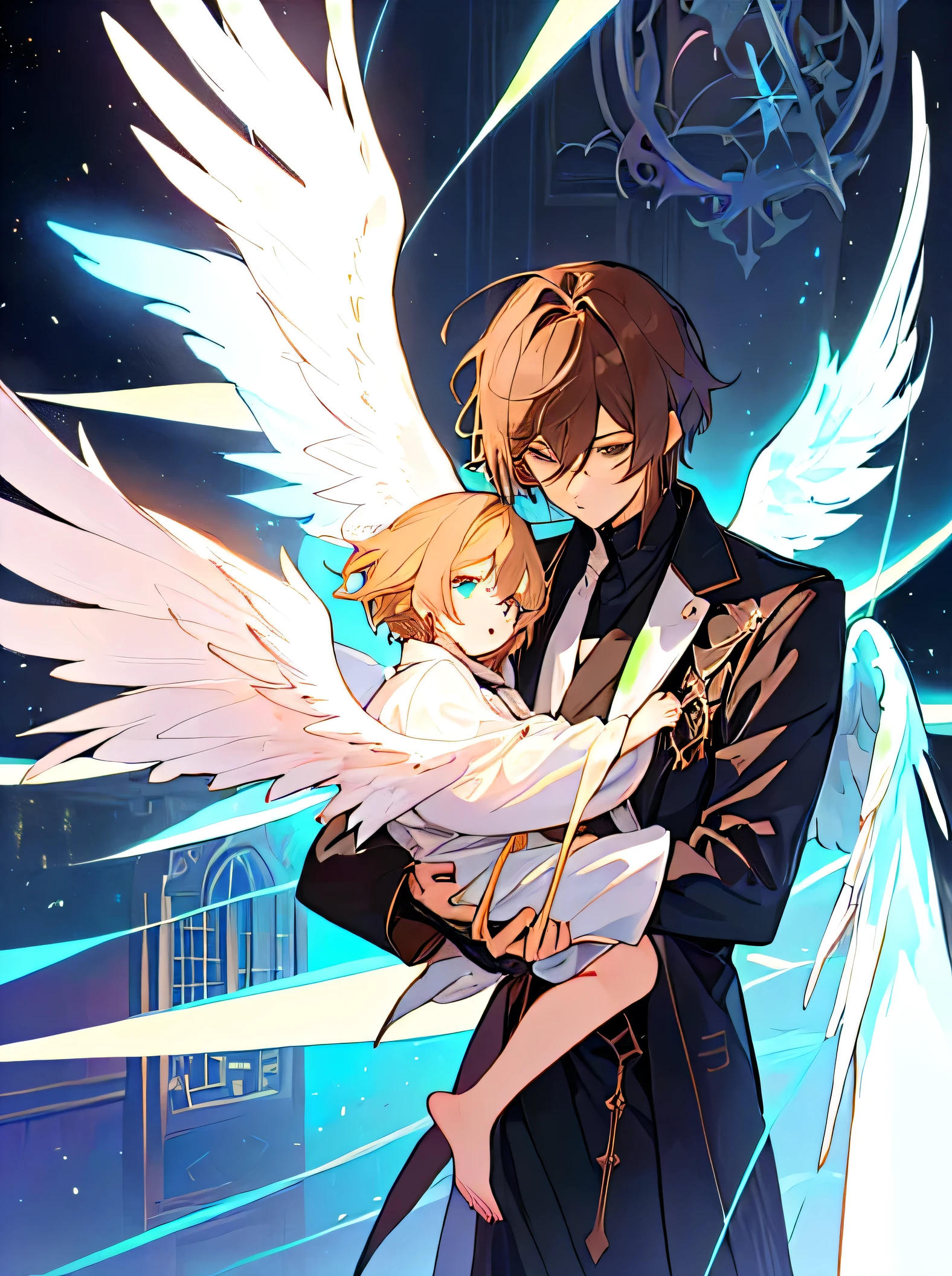 A pair of cartoon characters with black wings in front of the window, Eros and Thanatos, winged boy, Anime Wallpaper, Ethereal Anime, · Lily, Zerokanart, High-quality fanart,4k cartoon，A man in a dark universe，There is also a person in the picture who looked like the man when he was a .,A pair of cartoon characters with black wings in front of the window, Eros and Thanatos, winged boy, Anime Wallpaper, Ethereal Anime, · Lily, Zerokanart, High-quality fanart,4k cartoon，A man in a dark universe，There is also a person in the picture who looked like the man when he was a childnette man，One wears a white coat，One is a child，The &#39;s eyes are dull，The picture is dark