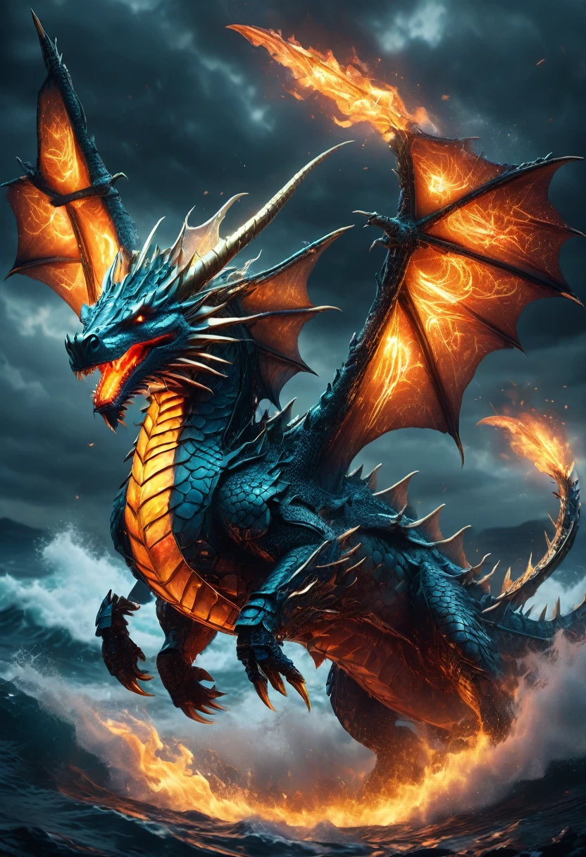 8K image of a swordfish-dragon hybrid. Scales blending into metallic skin, sword-like snout breathing fire, wings tucked against body. Leaping from stormy ocean