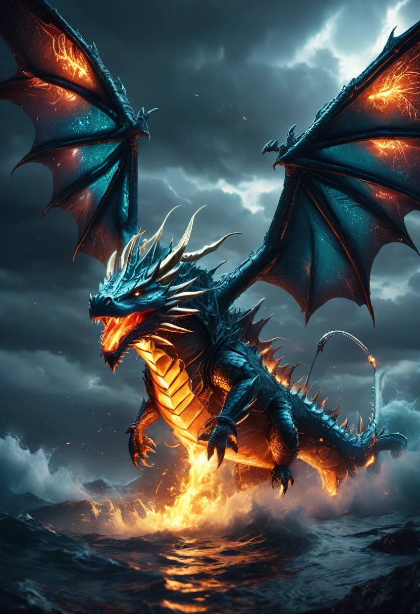 8K image of a swordfish-dragon hybrid. Scales blending into metallic skin, sword-like snout breathing fire, wings tucked against body. Leaping from stormy ocean