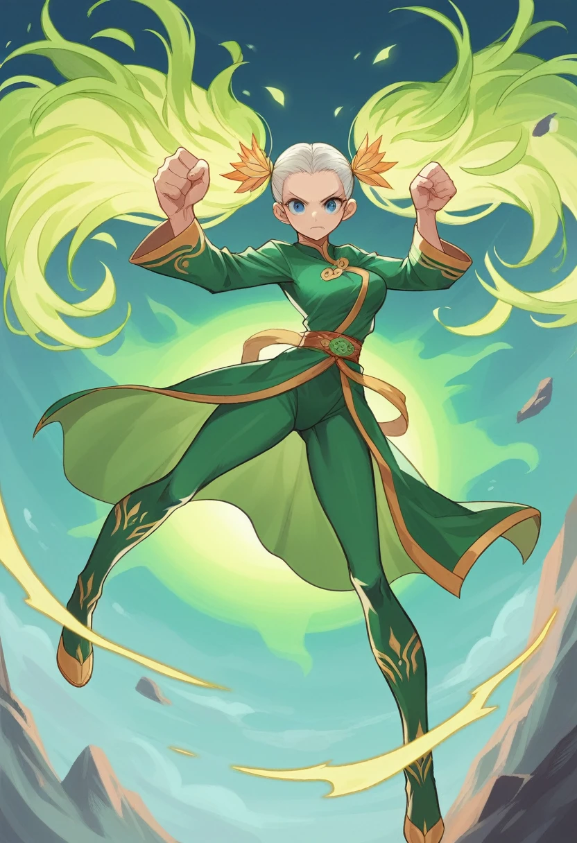 Little 18 year old girl bandit through hell、green kimono with lotus flowers、green flame. blue eyes. long legs, curly hair, very small covered breasts, body with green flames and an expression of fury, giving a flying kick, released fire from his feet , two pigtails in her hair, flying like a superhero, background a green chinese dragon behind her. sosten verde, green oriental clothing, showing great power by charging a dragon. Background in the distance a majestic dragon dragon