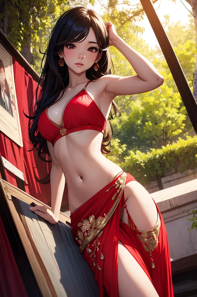 an beautiful asian slim girl dancing in red saree realistic picture , showing belly , in the middle of trees , hands behind her head , lying in bed , stylish , open lip
