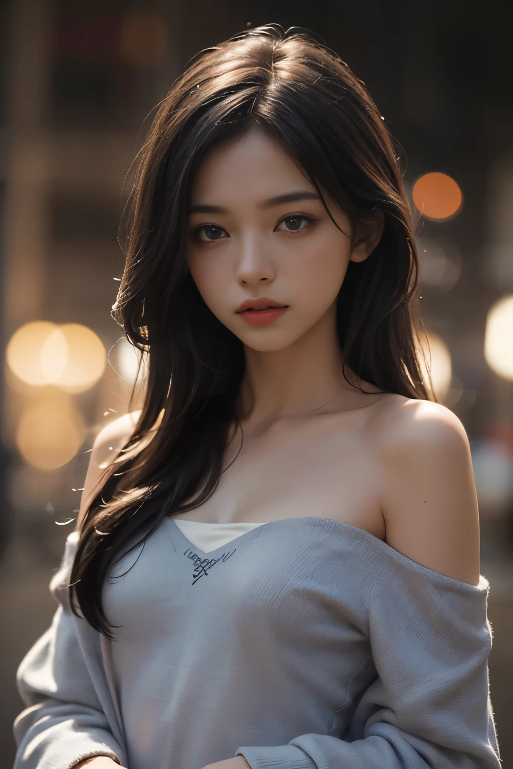 Best quality, masterpiece, ultra high res, (photorealistic:1.4), raw photo, 1girl, off shoulder, cinematic lighting,A beautiful girl,Shoulders exposed skin,Flat Chest,Small breasts,