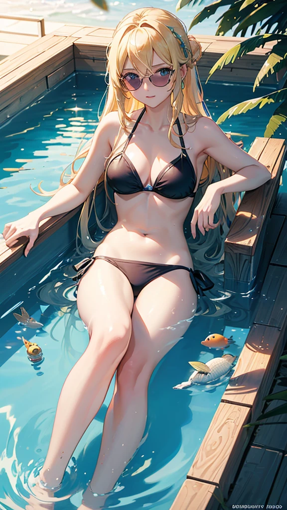 best quality,masterpiece,Ultra-high resolution,(photoactual:1.4),Swimming Pond,Fairy Tail Characters(Elsa),wearing sunglasses,Wear a bikini,On a recliner,enjoy the sun