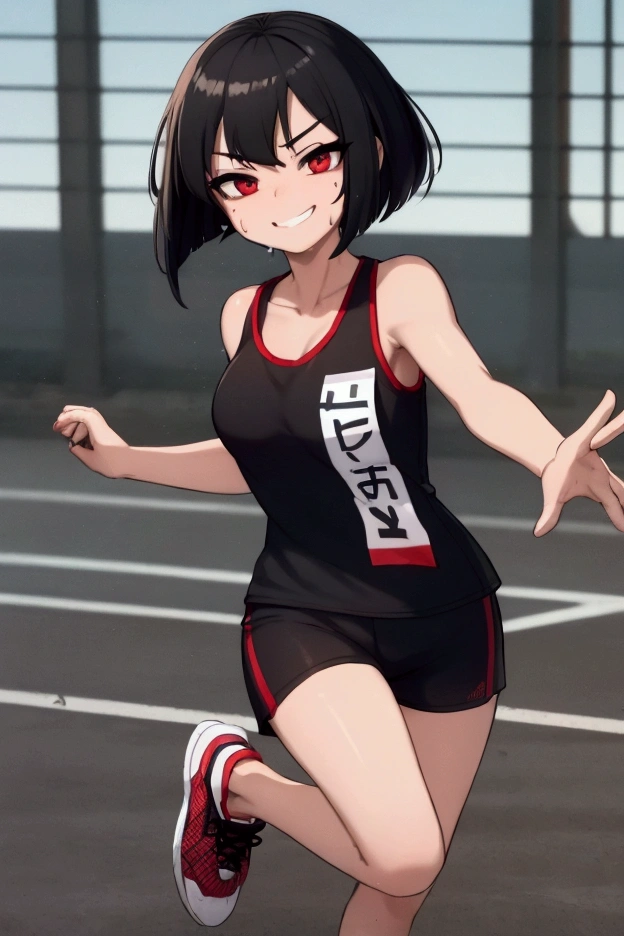 Girl, black hair, bob, red eyes, marathon runner, very sweating, black tank top with red lines, black shorts with red lines, marathon shoes , white race bib, close eyes, smile, mouth open, rising both hands, running, goal in