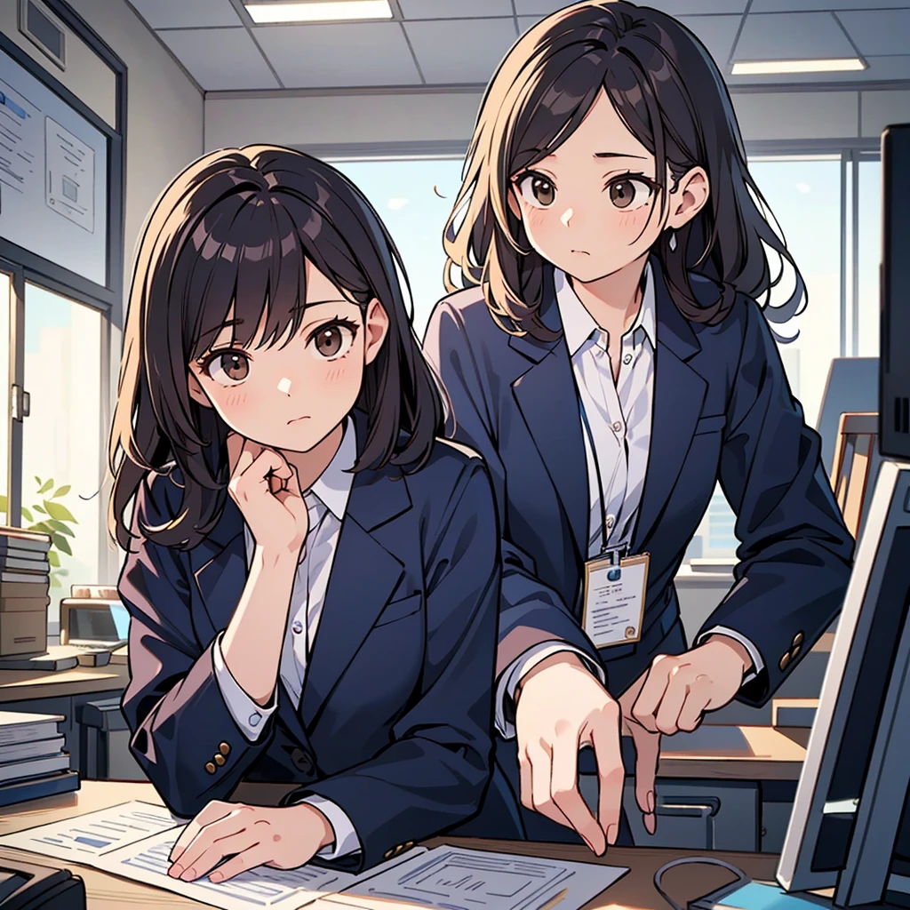 news studio, (((no facele office lady))), brown hair, bob cut, upper body, leading news, small wipe of park, detailed news program, ((from front)), [pixel art]