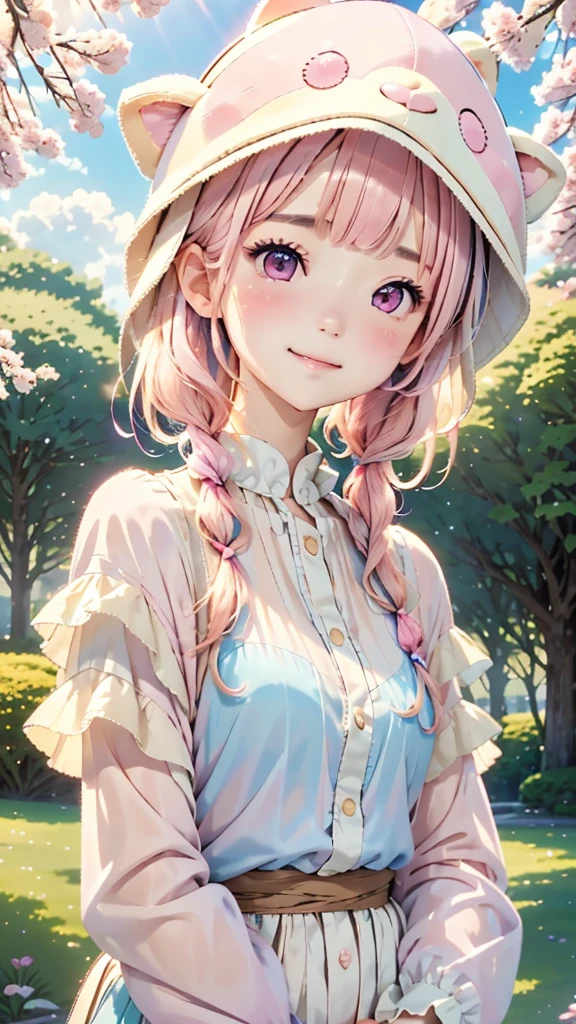 One Girl、12talent、Magical girl、anatomy、French Braid、Anime Style、(((Fish hat))),(((Pink Hair))),(((Bangs up to eyebrows))),(((Bangs without gaps))),(((Align your bangs))),(((Pink eyes))),Small breasts、smile,Cute Face、Cute clothes、Combat Uniform、、(((The background is pastel colored clouds:1.5、rainbow、Blurred Background)))、Highest quality、High resolution、High resolution、Cinema Lighting、Professional Photographer