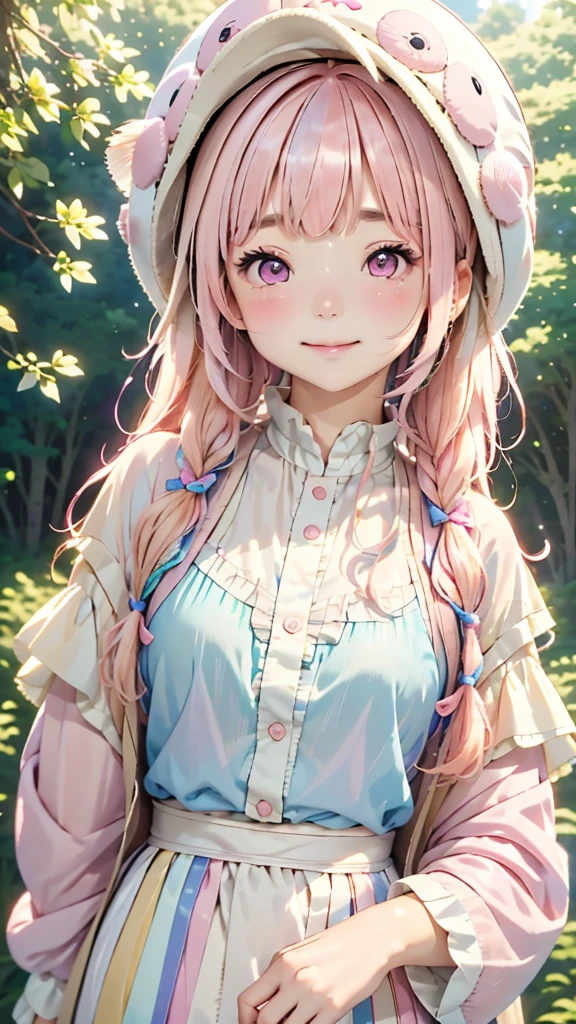 One Girl、12talent、Magical girl、anatomy、French Braid、Anime Style、(((Fish hat))),(((Pink Hair))),(((Bangs up to eyebrows))),(((Bangs without gaps))),(((Align your bangs))),(((Pink eyes))),Small breasts、smile,Cute Face、Cute clothes、Combat Uniform、、(((The background is pastel colored clouds:1.5、rainbow、Blurred Background)))、Highest quality、High resolution、High resolution、Cinema Lighting、Professional Photographer