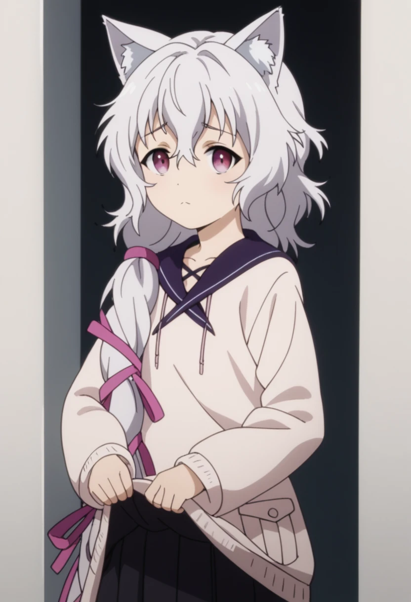 Score_9, Score_8_up, Score_7_up, Score_6_up, Score_5_up, Score_4_up, source_anime, anime style, anime screencap, 1girl, midori fuse, long hair, ribbon, purple eyes, hair ribbon, white hair, cat ears, cute, skirt lift