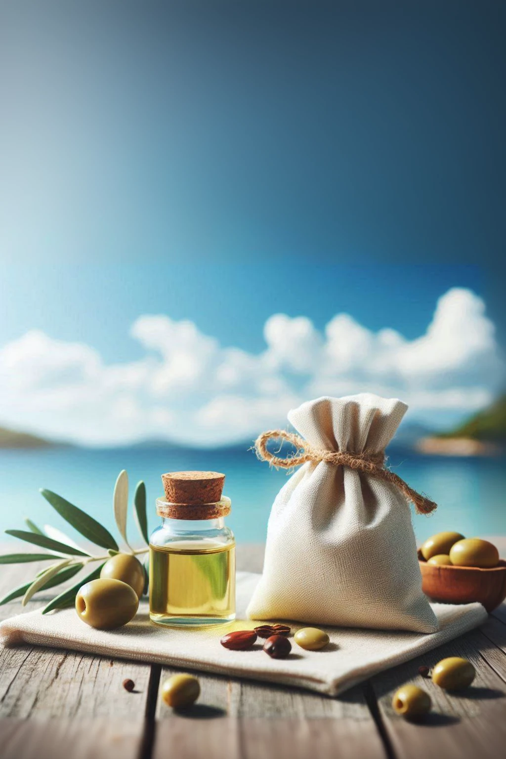 a close up of a bag of olive oil with olives and a bottle of olive oil, olive oil, mediterranean, oils, cooking oil, pristine and clean design, olives, olive skin, beautiful image, outstanding detail, natural and organic and flowing, by Niko Henrichon, by Romain brook, realistic scene, clean and pristine design, oil-on-canvas