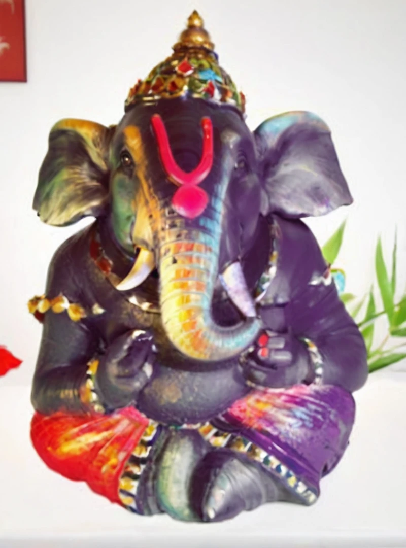 there is a statue of an elephant with a big mouth, ganapati, ganesha, resin statue, ganesh, 3 d clay figure, indian god, hindu god, vinayak, 3d statue!!!, very vibrant, with colourful intricate, hindu, resin and clay art, clay art, roshan, by Kanbun Master, stunning!, * colour splash *