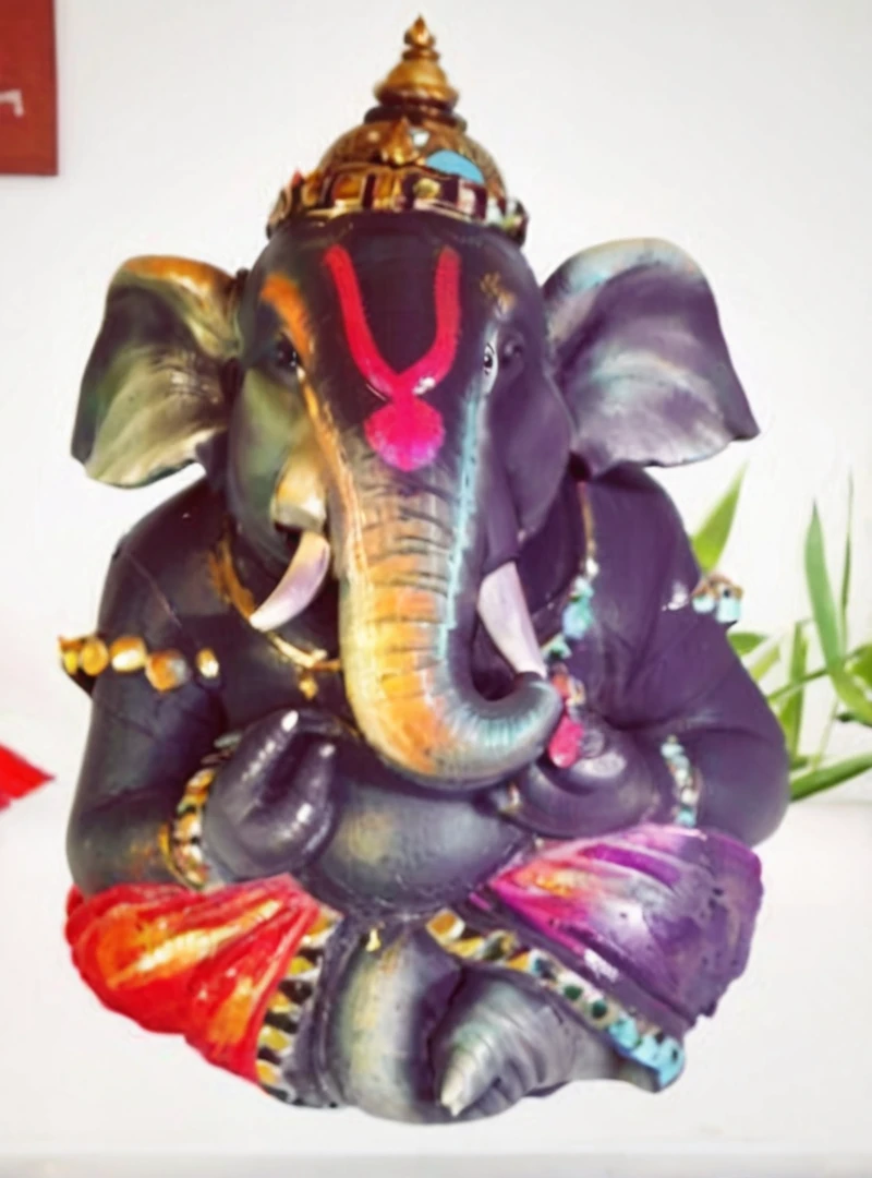 there is a statue of an elephant with a big mouth, ganapati, ganesha, resin statue, ganesh, 3 d clay figure, indian god, hindu god, vinayak, 3d statue!!!, very vibrant, with colourful intricate, hindu, resin and clay art, clay art, roshan, by Kanbun Master, stunning!, * colour splash *