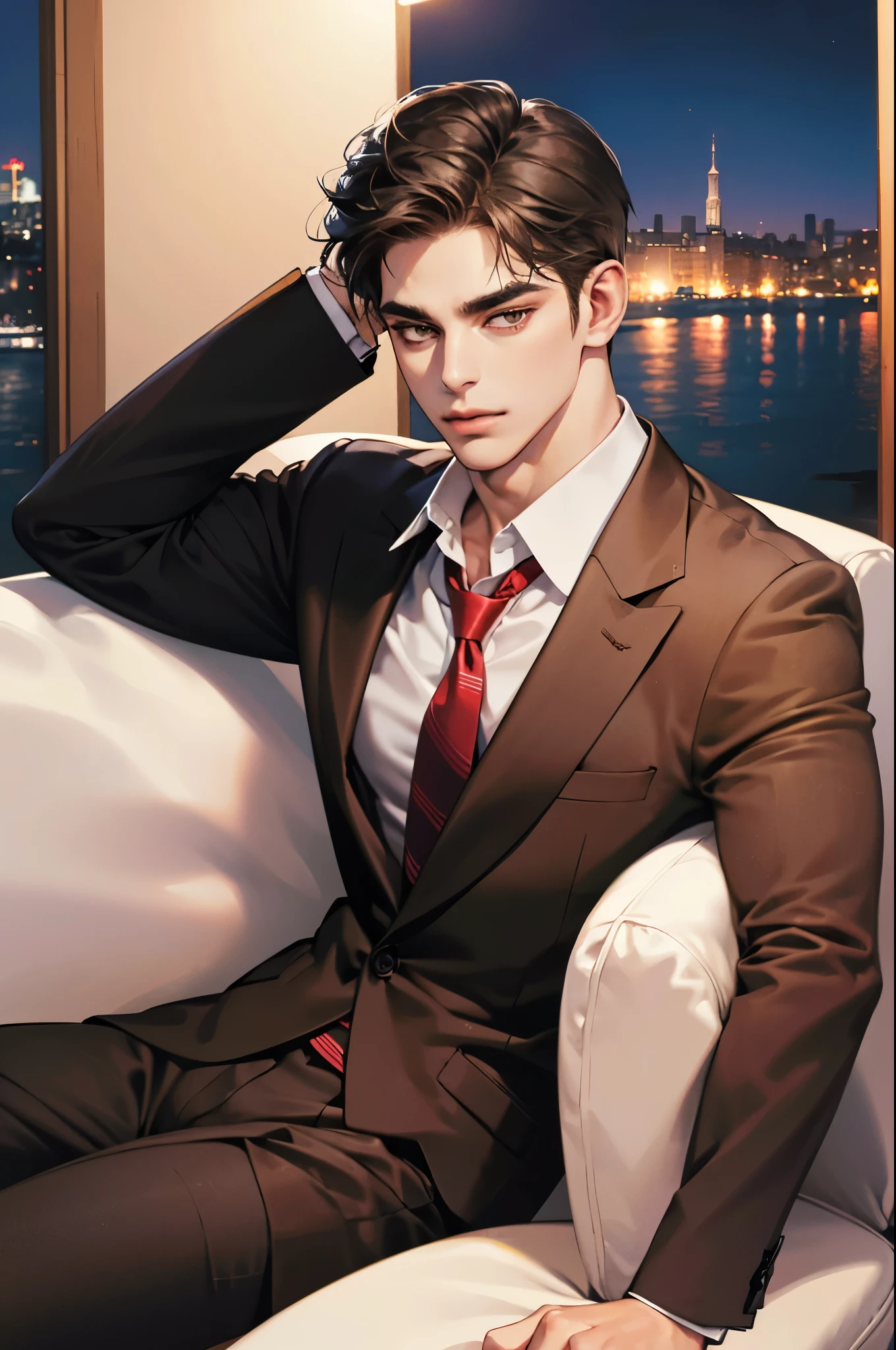 (absurdres, highres, ultra detailed, realistic, ), 1 male, solo, adult, mature, tall muscular guy, ,（sitting on a sofa,cross-legged）, broad shoulders, handsome, very short hair, black hair, brown eyes, angular jaw, thick neck, thick eyebrows, night, dark, the night view of the city background, formal suit, necktie, upper body